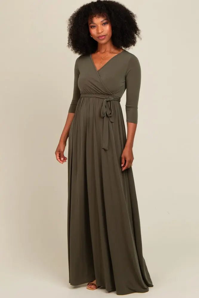 PinkBlush Olive Green Draped 3/4 Sleeve Maxi Dress - Dress, One-piece garment, Day Dress, Formal wear, Waist | Everetts Place