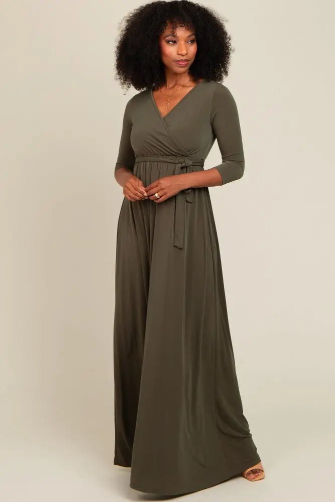 PinkBlush PinkBlush Olive Green Draped 3/4 Sleeve Maxi Dress - 