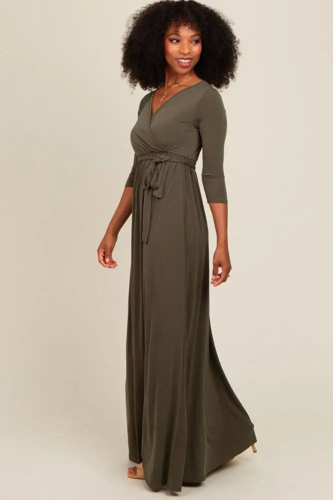 PinkBlush PinkBlush Olive Green Draped 3/4 Sleeve Maxi Dress - 