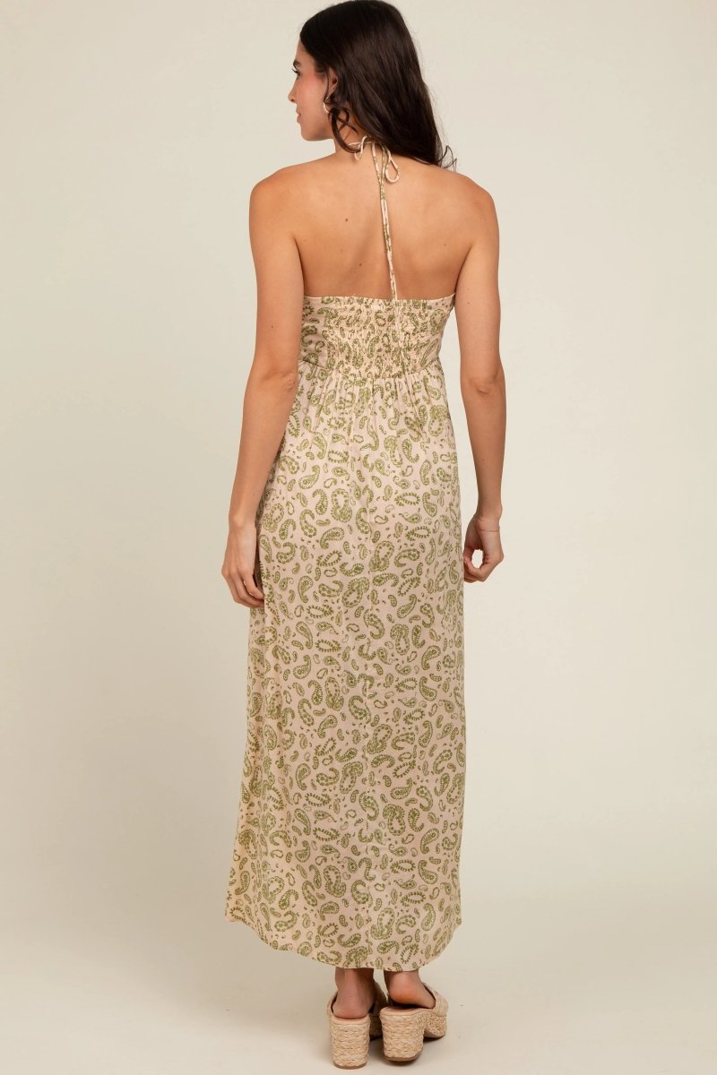 PinkBlush PinkBlush Olive Paisley Print Halter Midi Dress for Elegant Women - 
