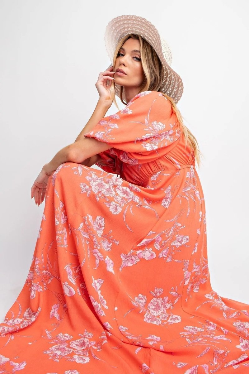 PinkBlush PinkBlush Orange Floral Puff Sleeve Maternity Maxi Dress for Expecting Mothers - 