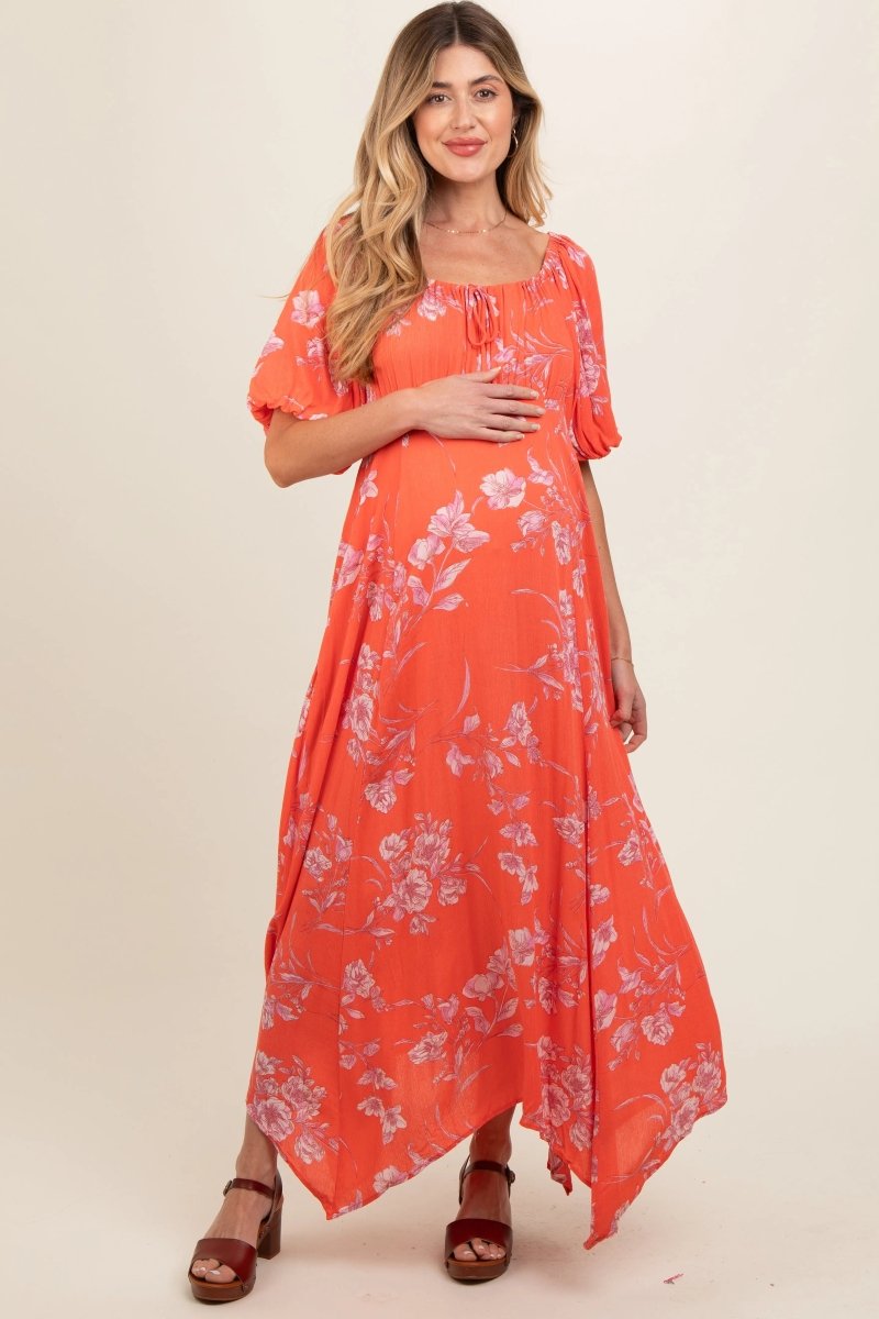 PinkBlush PinkBlush Orange Floral Puff Sleeve Maternity Maxi Dress for Expecting Mothers - 