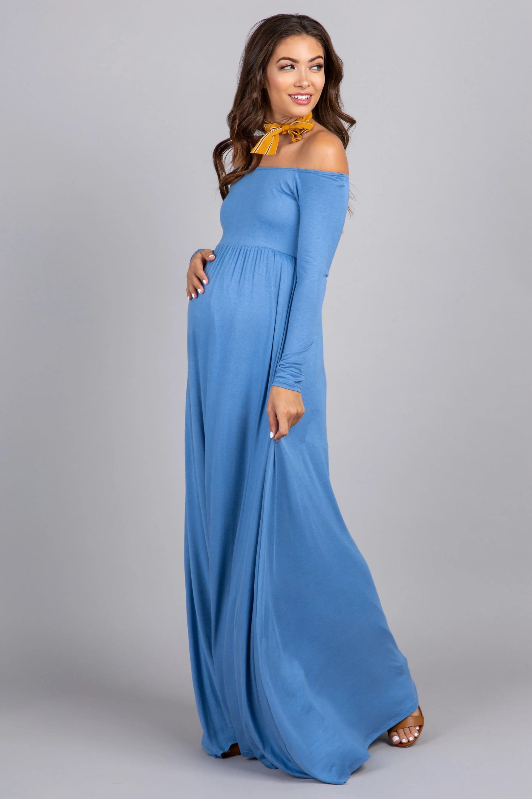PinkBlush PinkBlush Petite Blue Solid Off Shoulder Maternity Maxi Dress - 