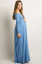 PinkBlush PinkBlush Petite Blue Solid Off Shoulder Maternity Maxi Dress - 