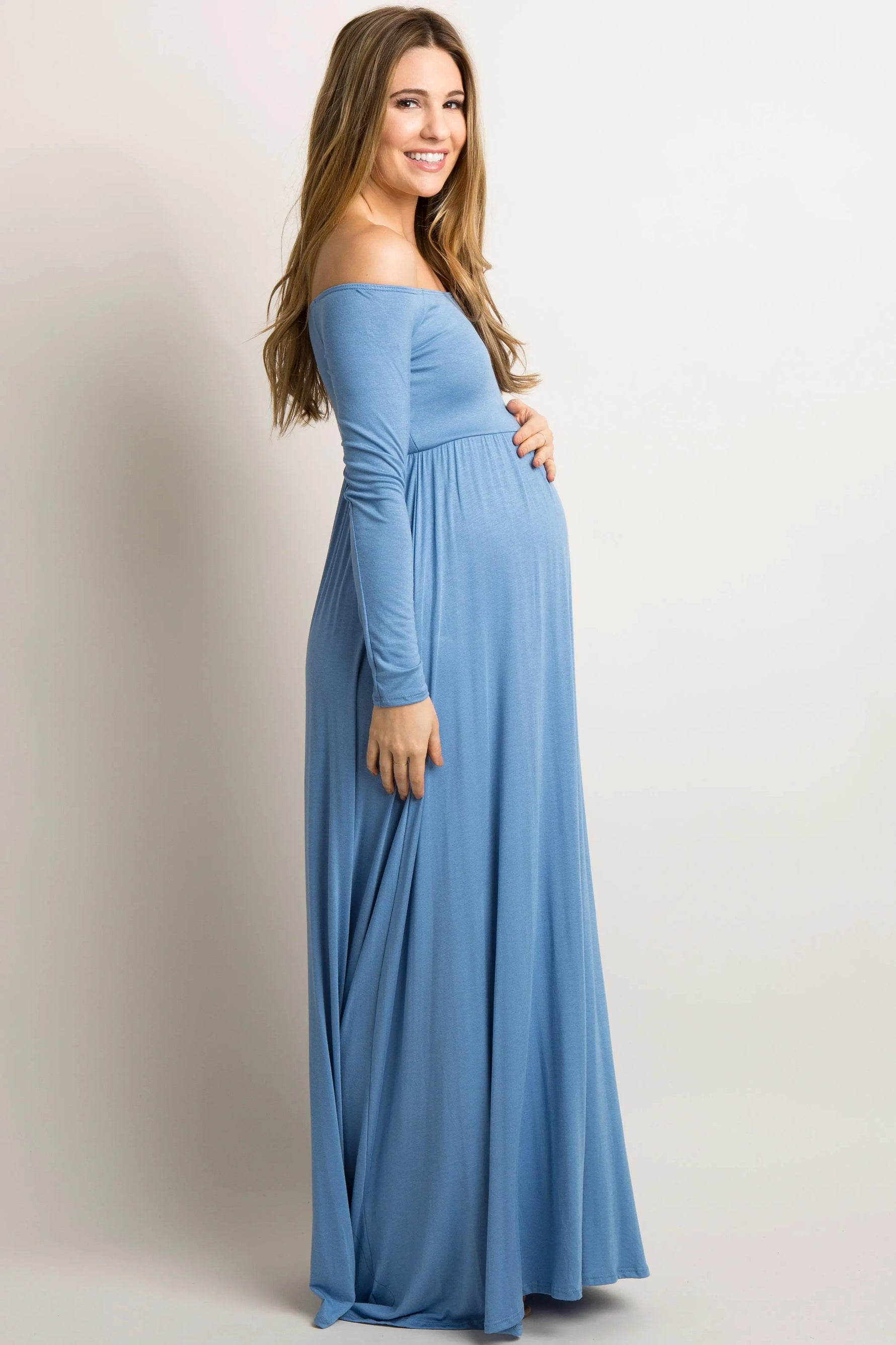 PinkBlush PinkBlush Petite Blue Solid Off Shoulder Maternity Maxi Dress - 