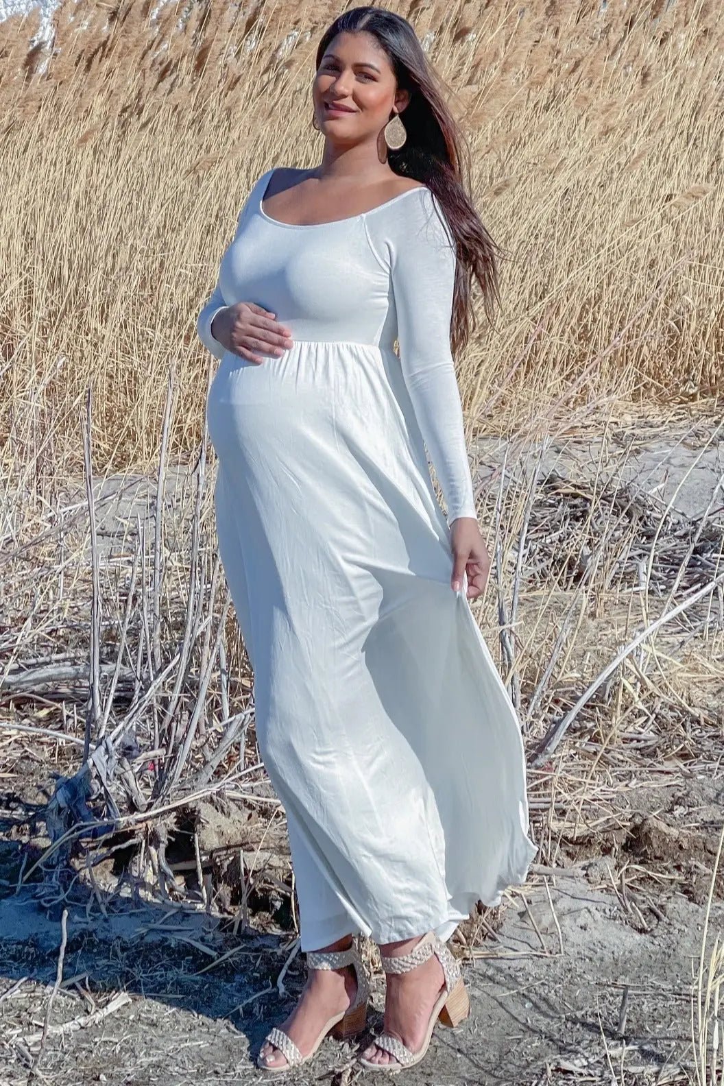 PinkBlush PinkBlush Petite Ivory Solid Off Shoulder Maternity Maxi Dress - 