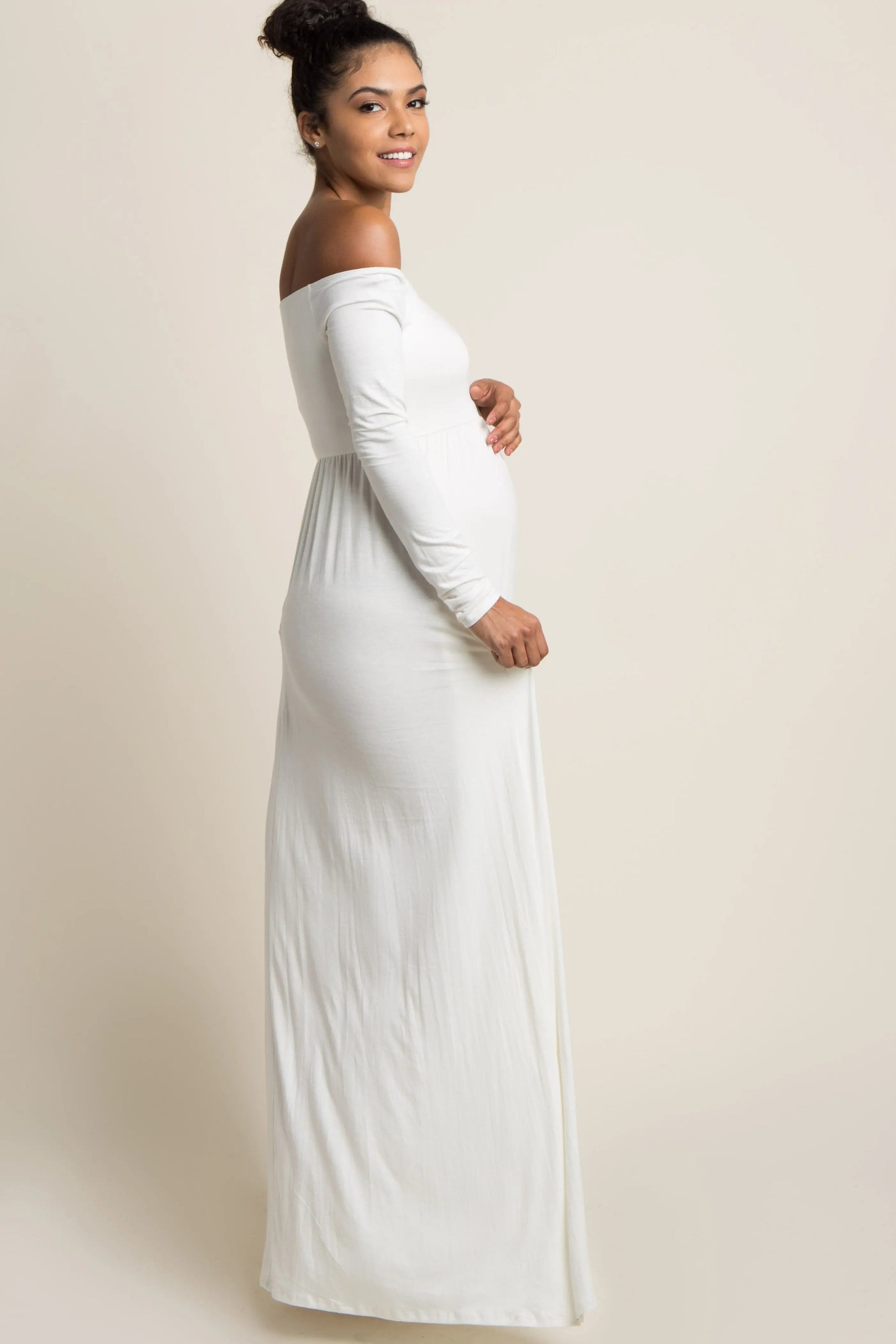 PinkBlush PinkBlush Petite Ivory Solid Off Shoulder Maternity Maxi Dress - 