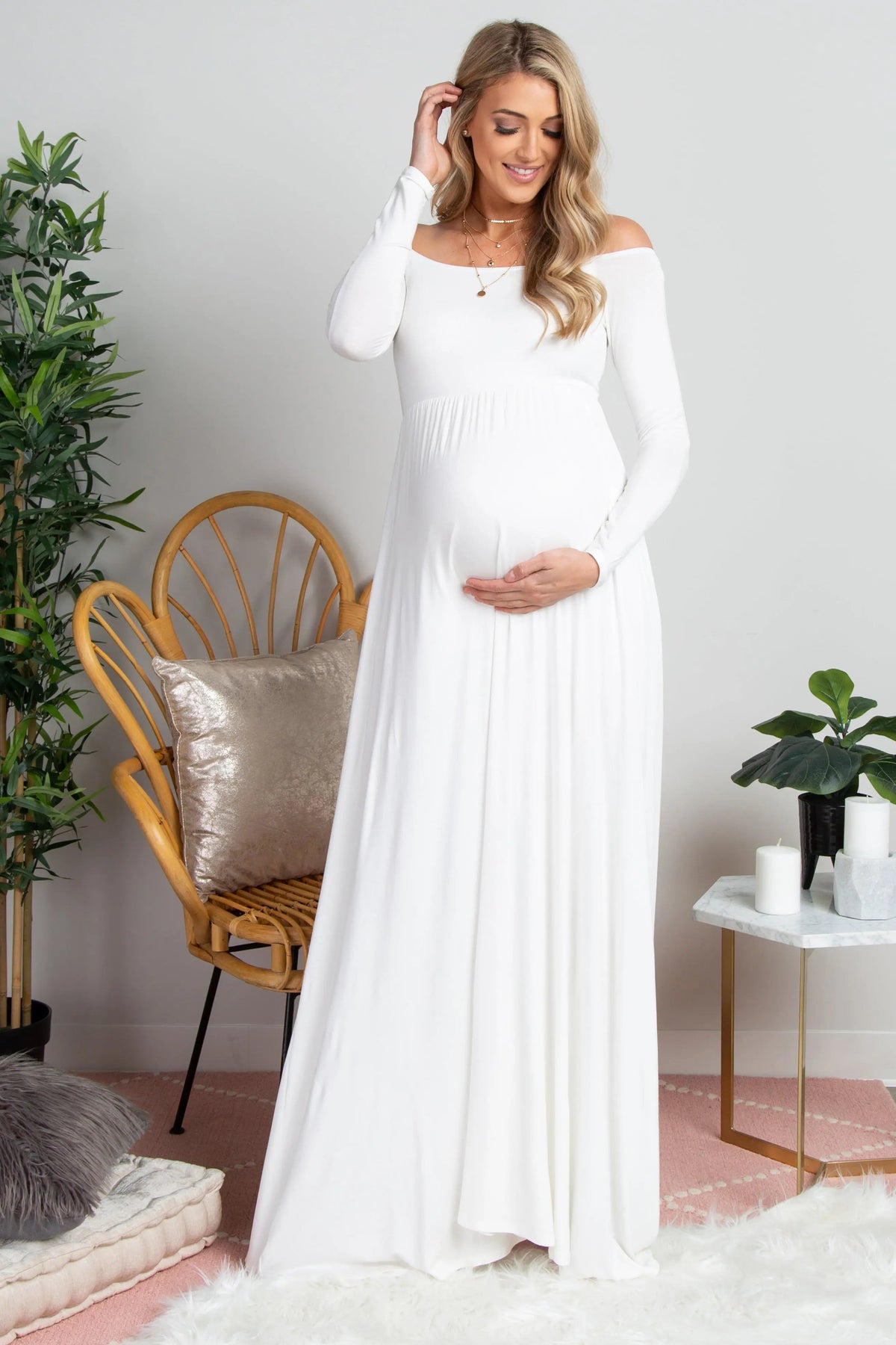 PinkBlush PinkBlush Petite Ivory Solid Off Shoulder Maternity Maxi Dress - 