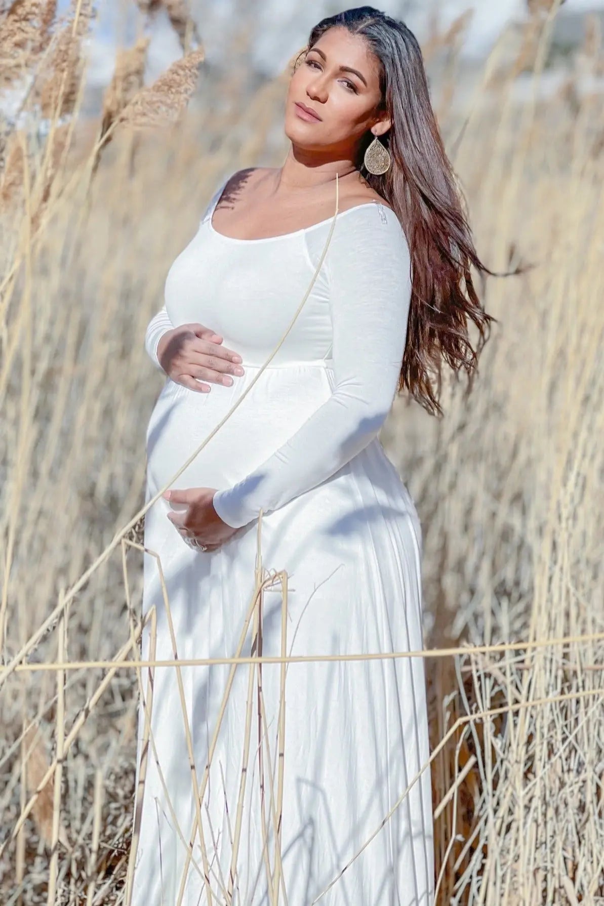 PinkBlush PinkBlush Petite Ivory Solid Off Shoulder Maternity Maxi Dress - 