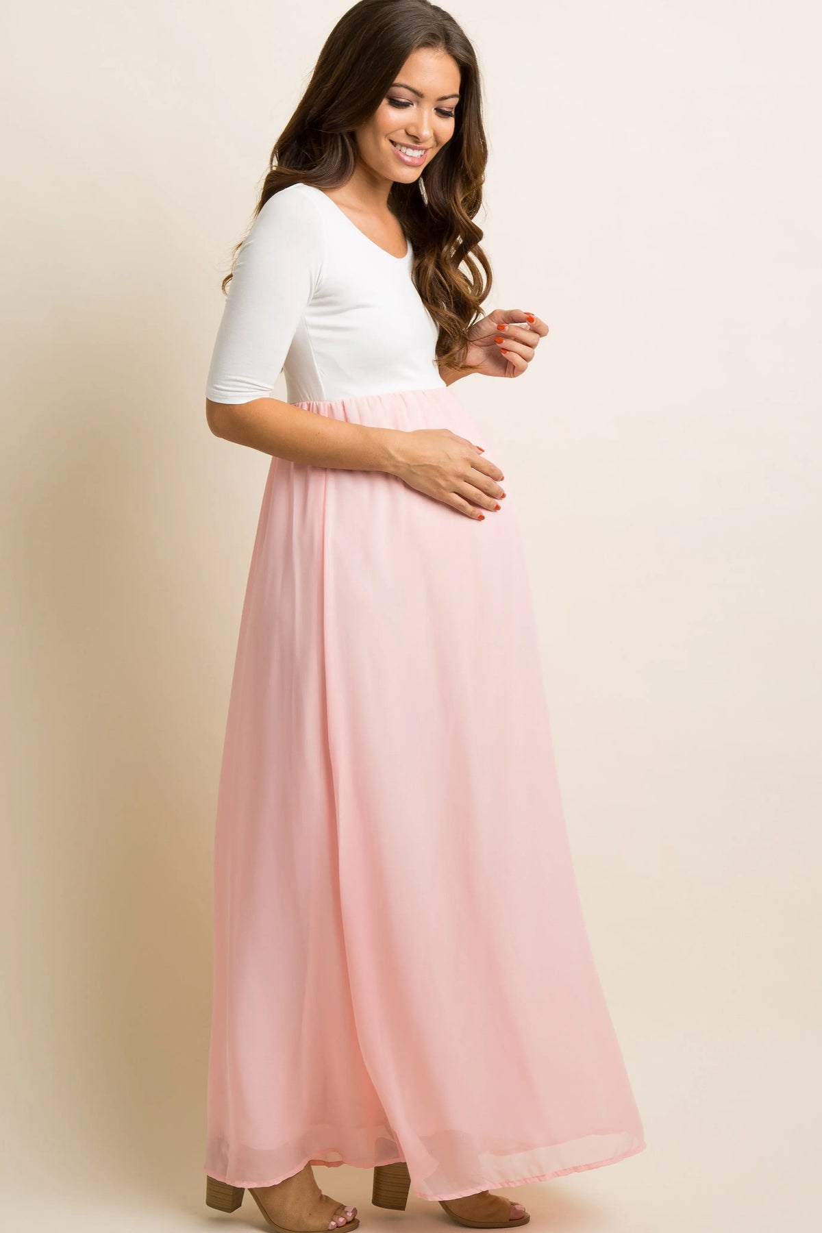 PinkBlush PinkBlush Petite Light Pink Chiffon Colorblock Maternity Maxi Dress - 
