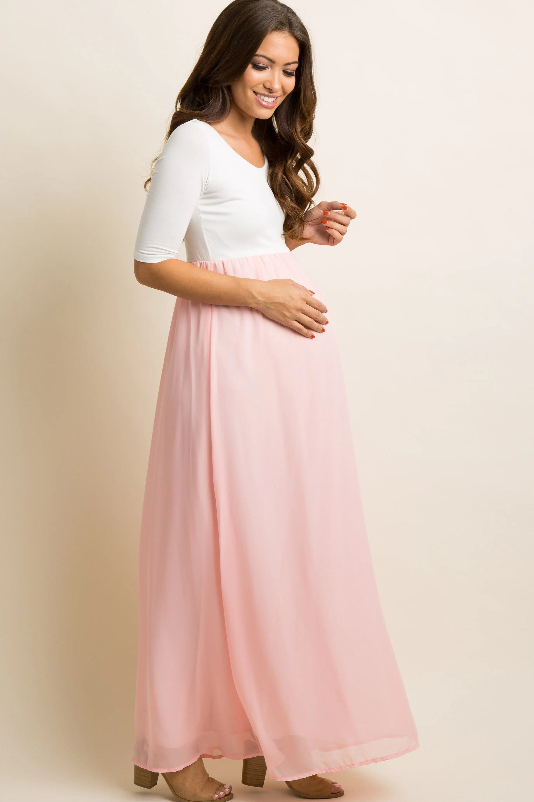 PinkBlush PinkBlush Petite Light Pink Chiffon Colorblock Maternity Maxi Dress - 