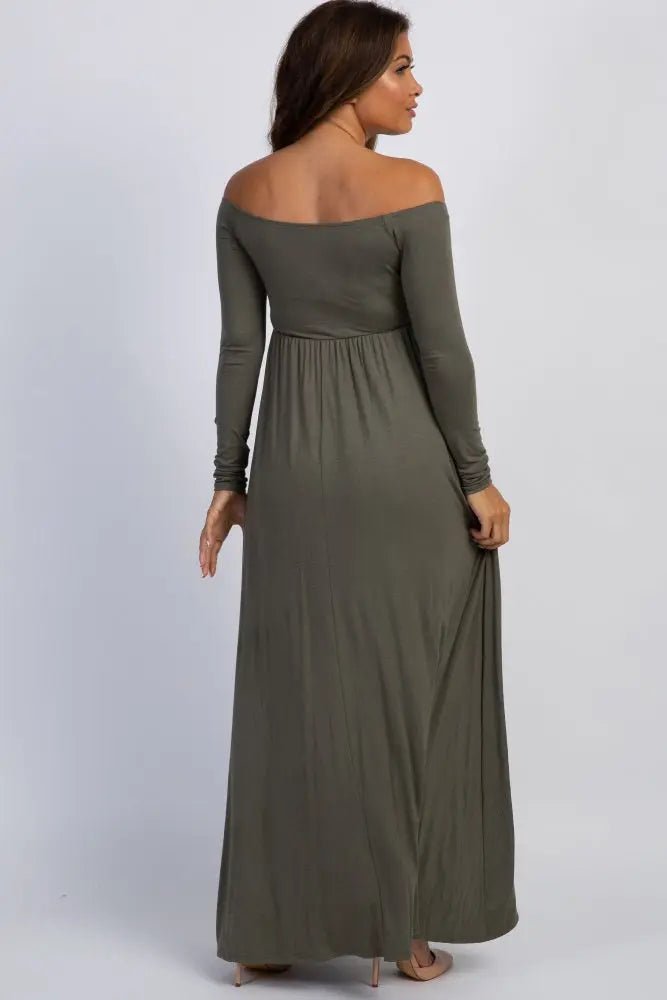 PinkBlush PinkBlush Petite Olive Solid Off Shoulder Maternity Maxi Dress - 
