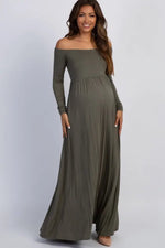 PinkBlush PinkBlush Petite Olive Solid Off Shoulder Maternity Maxi Dress - 