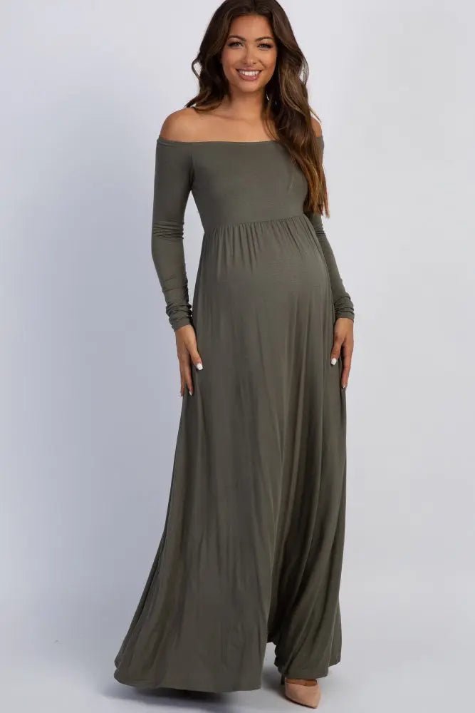 PinkBlush PinkBlush Petite Olive Solid Off Shoulder Maternity Maxi Dress - 