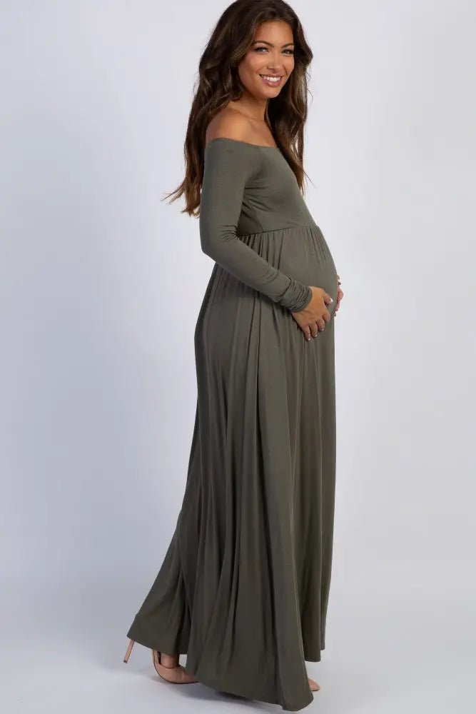 PinkBlush PinkBlush Petite Olive Solid Off Shoulder Maternity Maxi Dress - 