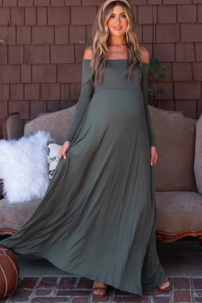 PinkBlush PinkBlush Petite Olive Solid Off Shoulder Maternity Maxi Dress - 