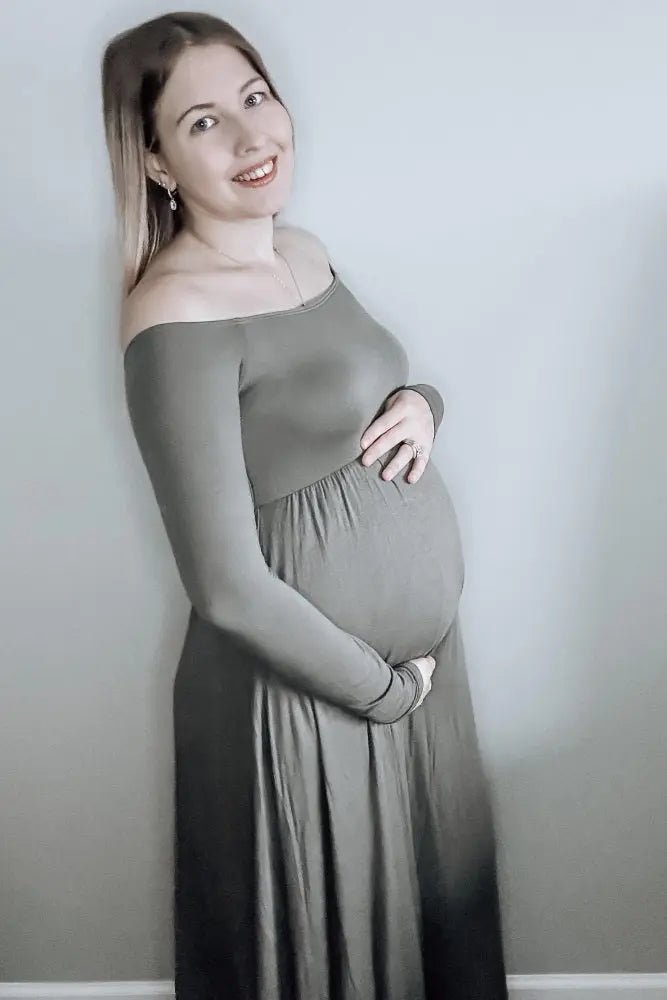 PinkBlush PinkBlush Petite Olive Solid Off Shoulder Maternity Maxi Dress - 