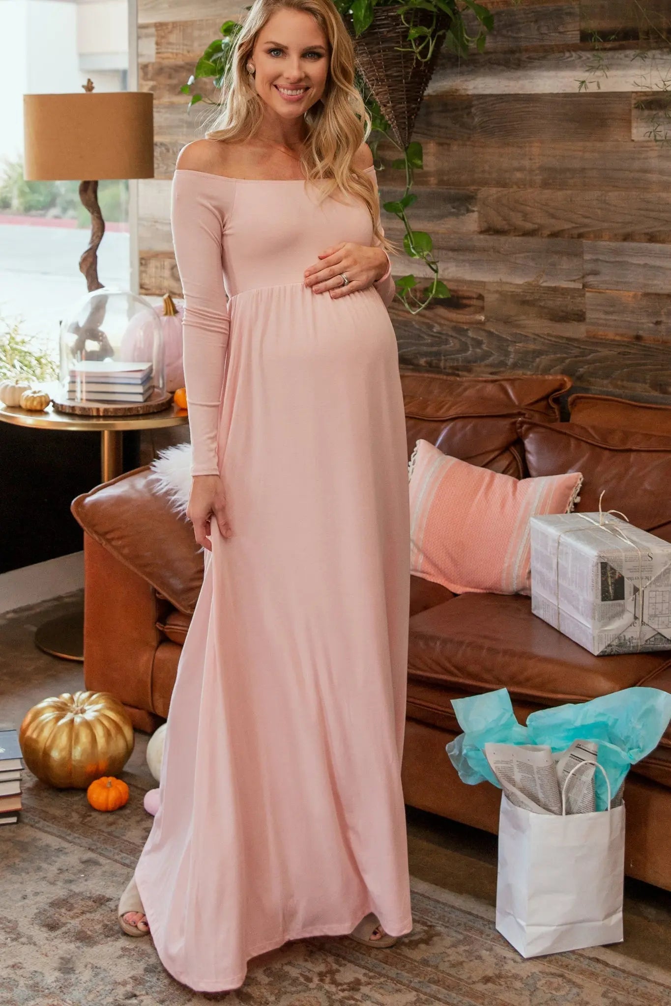 PinkBlush PinkBlush Petite Pink Solid Off Shoulder Maternity Maxi Dress - 
