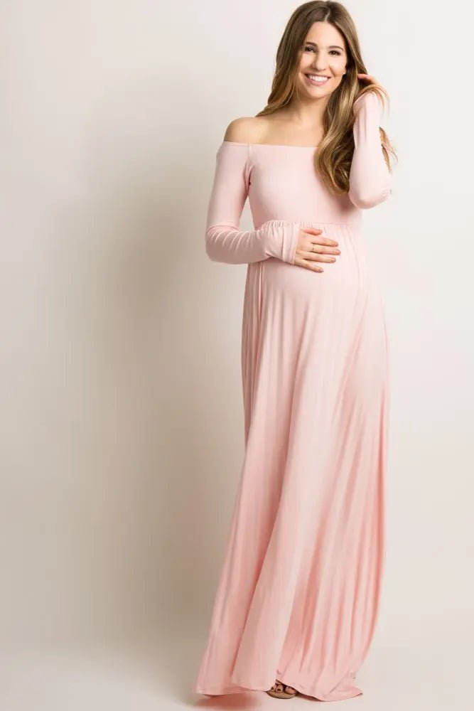 PinkBlush PinkBlush Pink Solid Off Shoulder Maternity Maxi Dress - 