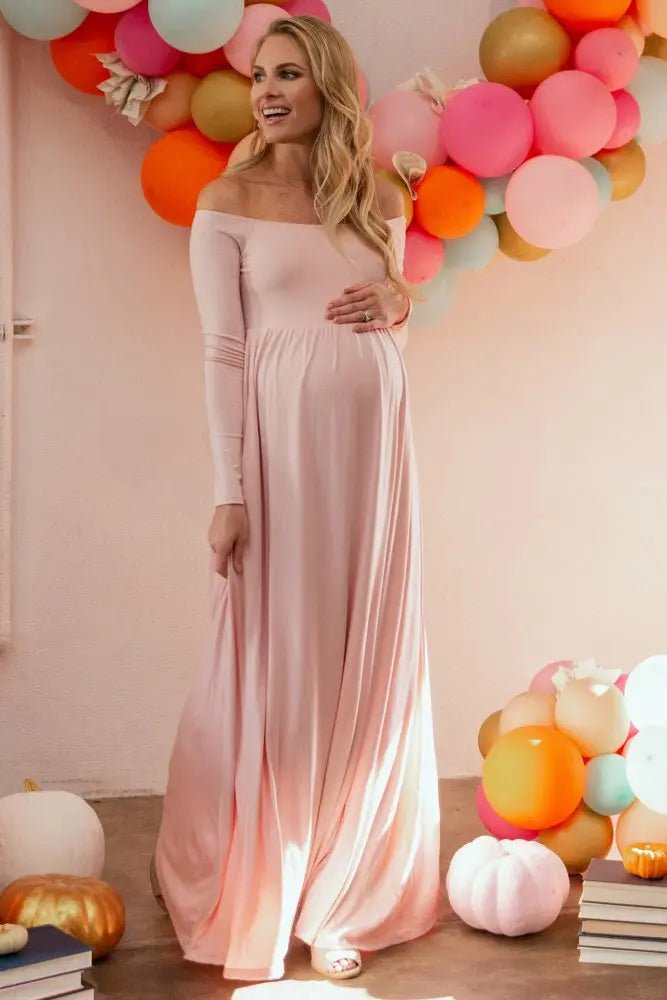 PinkBlush PinkBlush Pink Solid Off Shoulder Maternity Maxi Dress - 