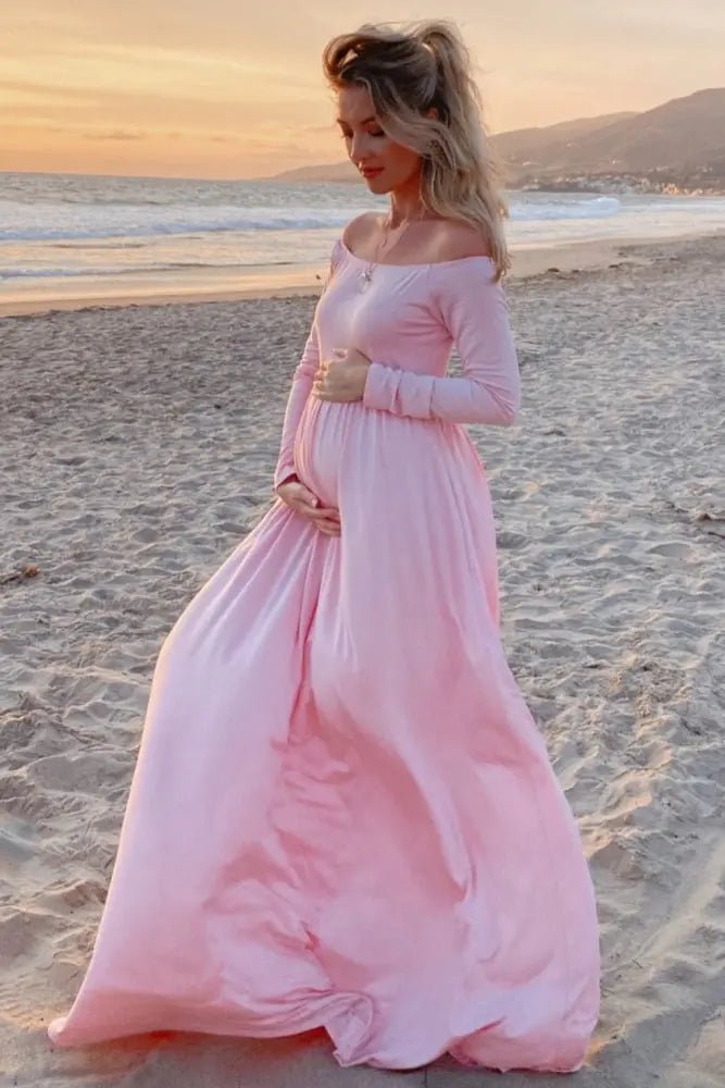 PinkBlush PinkBlush Pink Solid Off Shoulder Maternity Maxi Dress - 