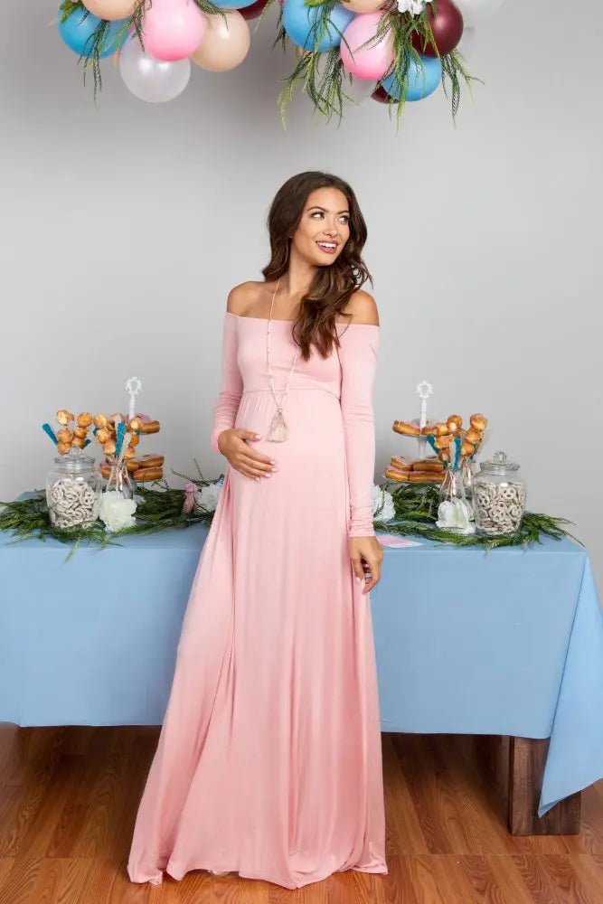 PinkBlush PinkBlush Pink Solid Off Shoulder Maternity Maxi Dress - 