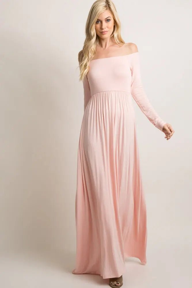 PinkBlush PinkBlush Pink Solid Off Shoulder Maternity Maxi Dress - 