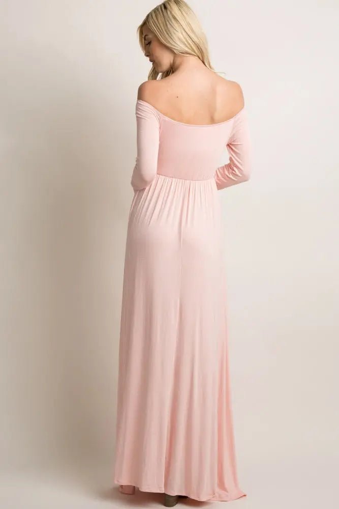 PinkBlush PinkBlush Pink Solid Off Shoulder Maxi Dress - 