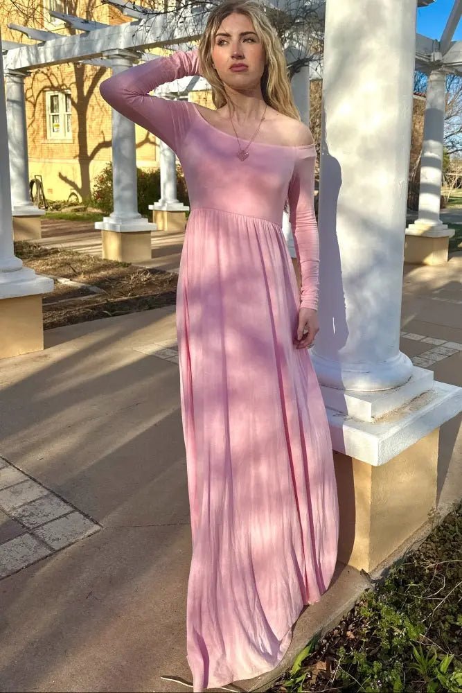 PinkBlush PinkBlush Pink Solid Off Shoulder Maxi Dress - 