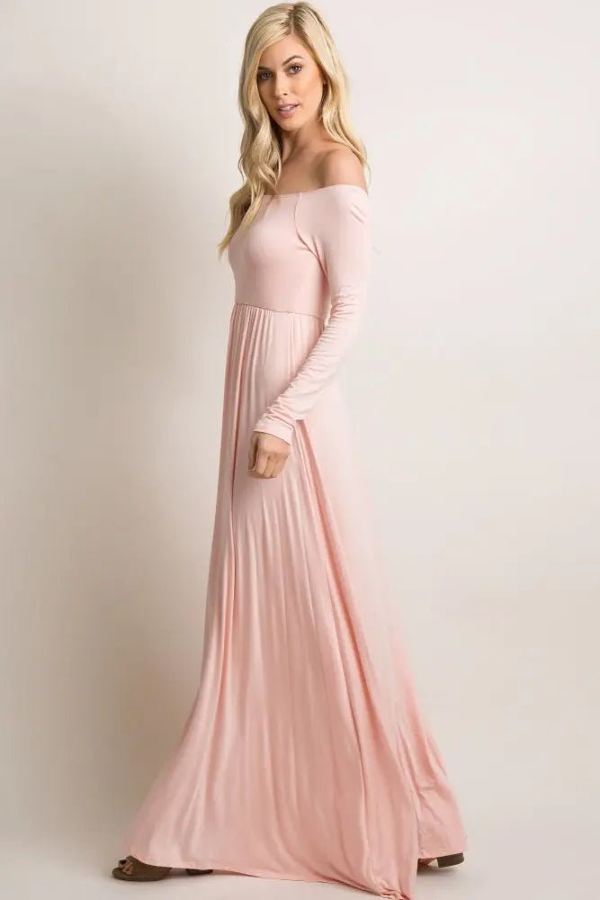 PinkBlush PinkBlush Pink Solid Off Shoulder Maxi Dress - 