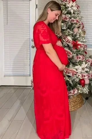 PinkBlush PinkBlush Red Lace Mesh Overlay Maternity Maxi Dress - 