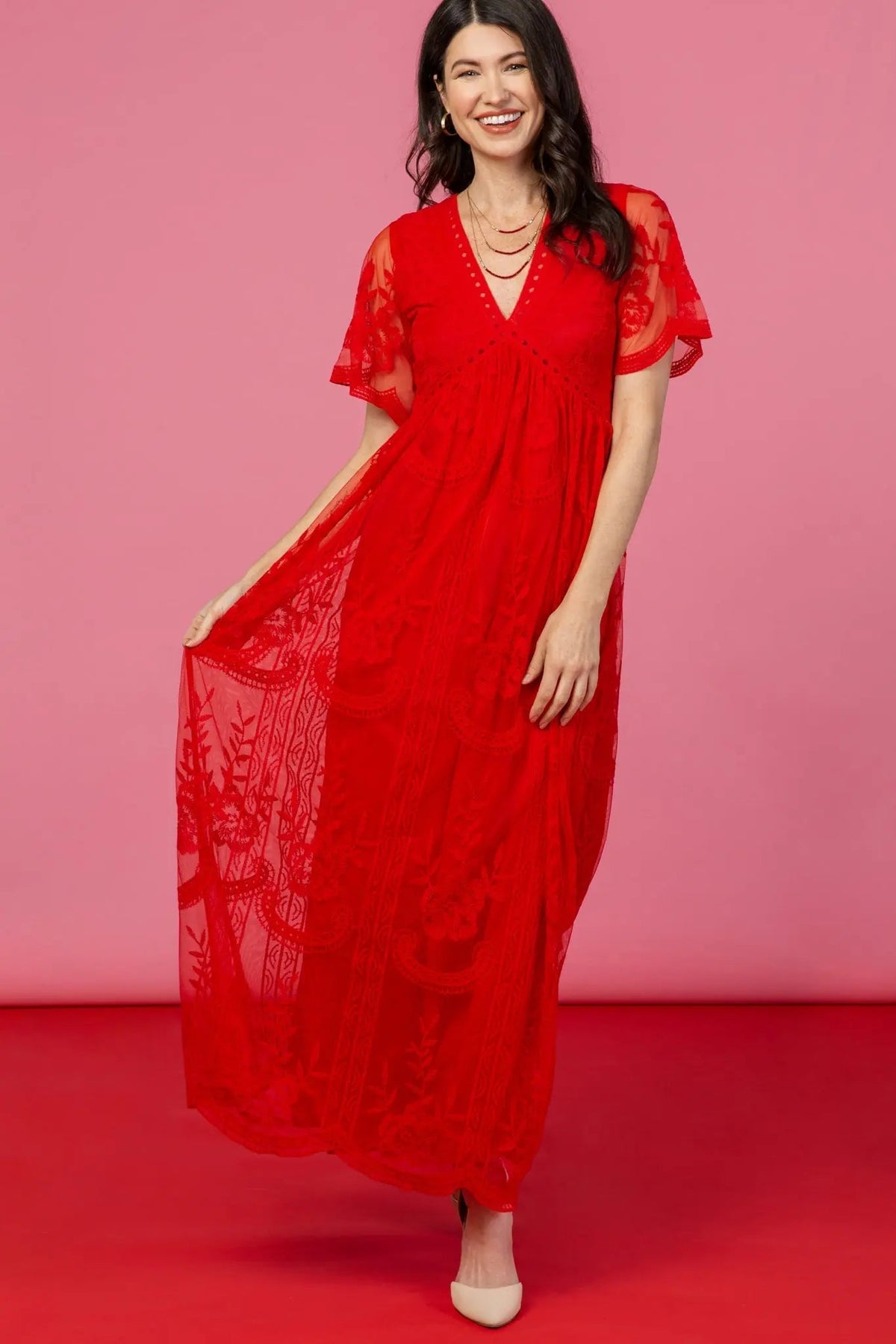PinkBlush PinkBlush Red Lace Mesh Overlay Maxi Dress - 