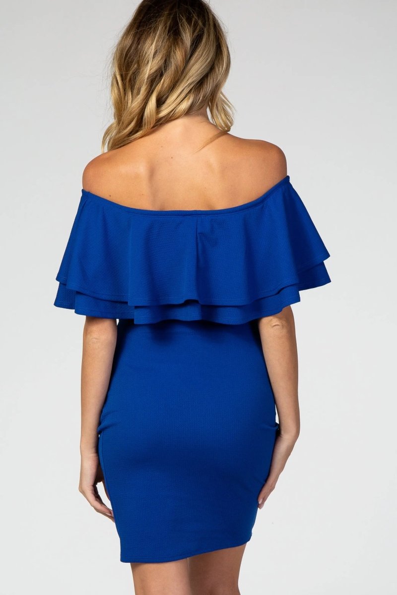PinkBlush PinkBlush Royal Blue Off Shoulder Ruched Maternity Dress for Expecting Moms - 