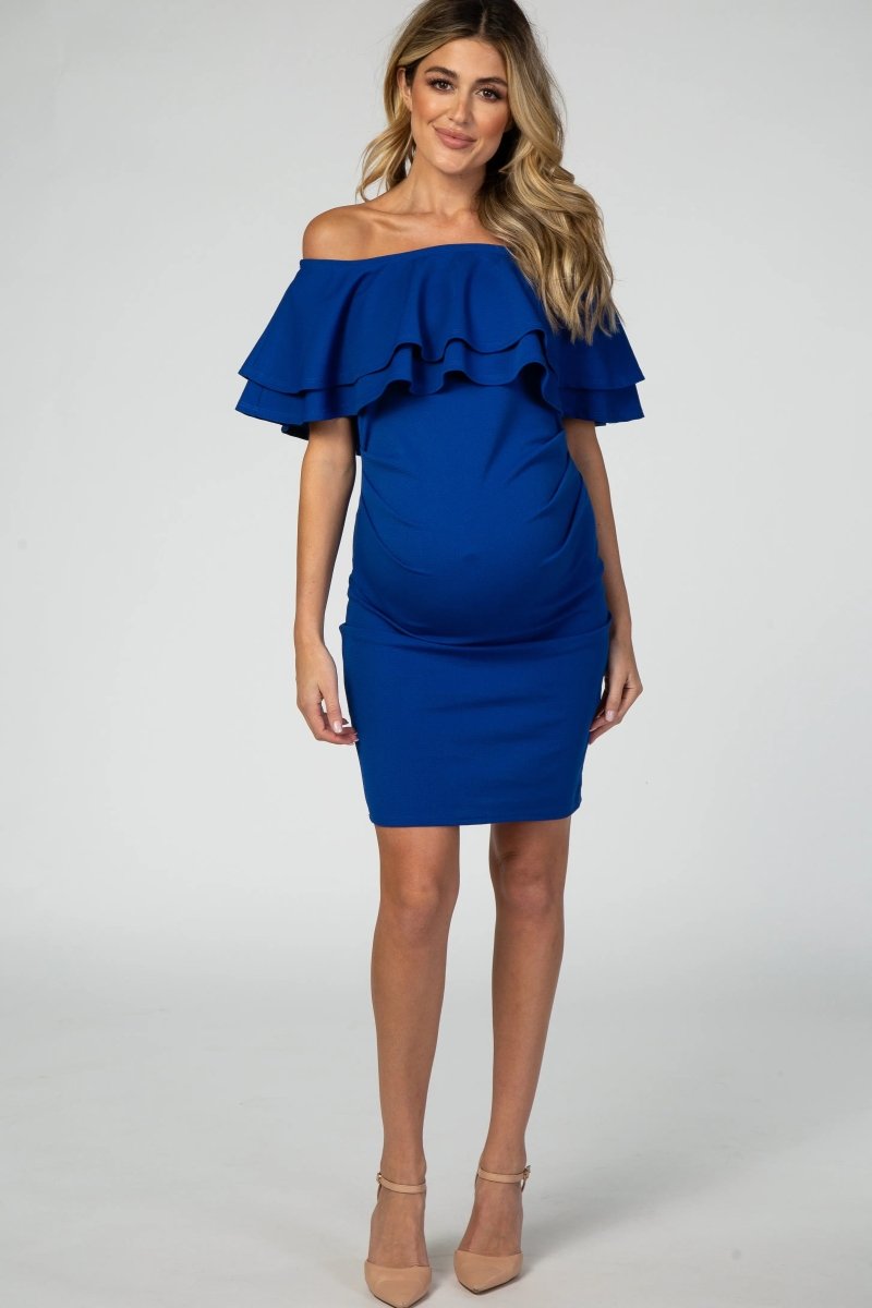 PinkBlush PinkBlush Royal Blue Off Shoulder Ruched Maternity Dress for Expecting Moms - 