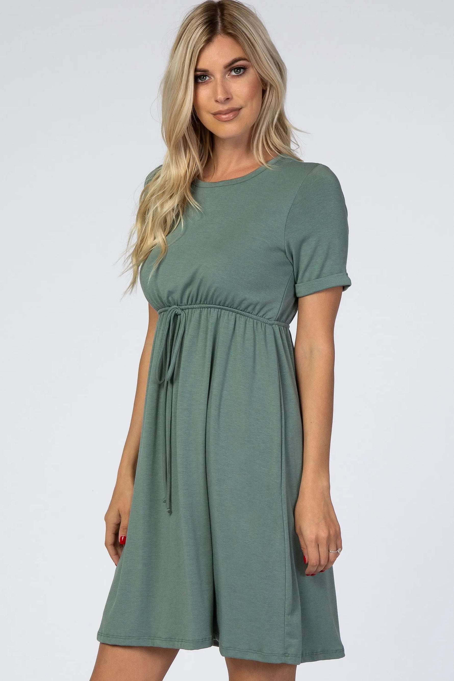 PinkBlush PinkBlush Sage Green Cuff Sleeve Waist Tie Dress - 
