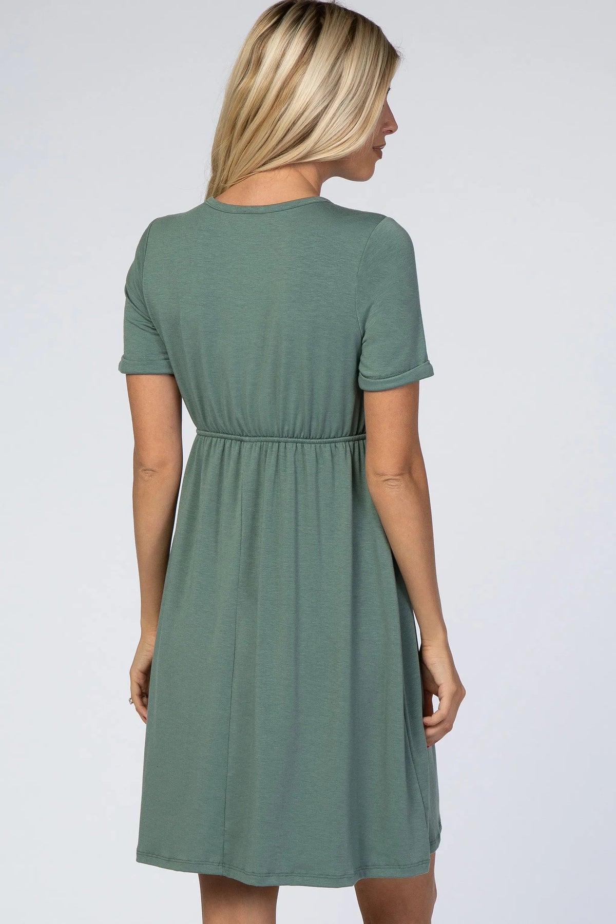 PinkBlush PinkBlush Sage Green Cuff Sleeve Waist Tie Dress - 