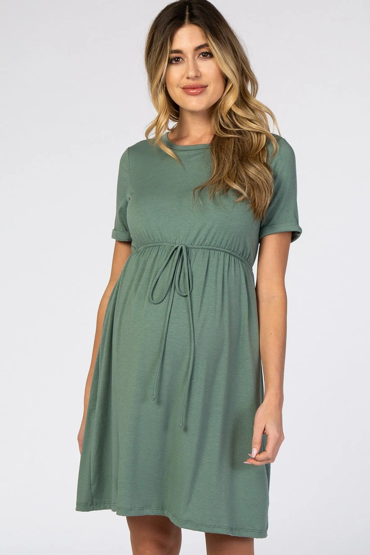 PinkBlush PinkBlush Sage Green Cuff Sleeve Waist Tie Maternity Dress - 