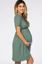 PinkBlush PinkBlush Sage Green Cuff Sleeve Waist Tie Maternity Dress - 