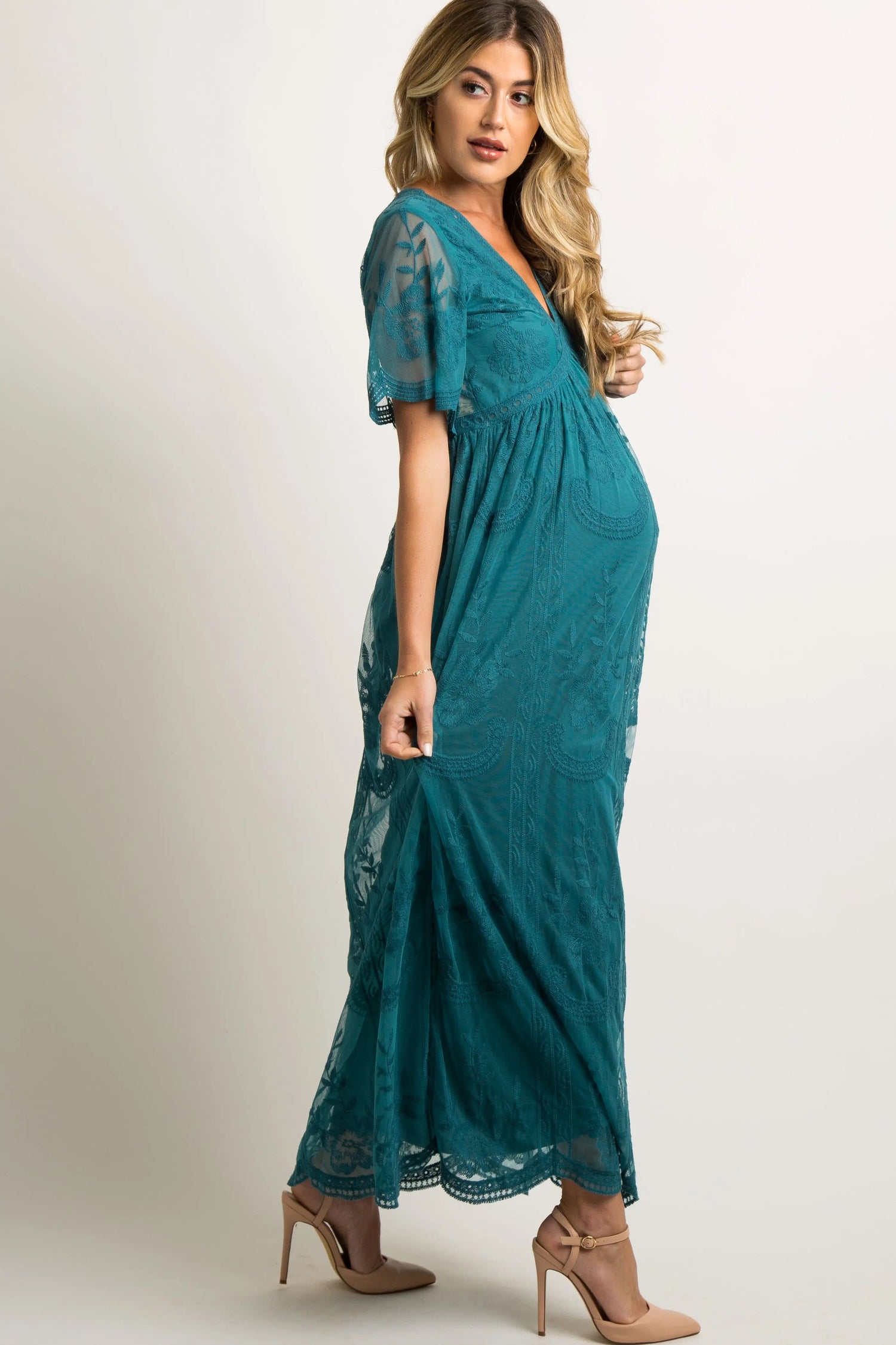 PinkBlush PinkBlush Teal Lace Mesh Overlay Maternity Maxi Dress - 