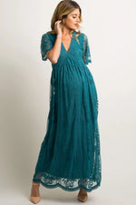 PinkBlush PinkBlush Teal Lace Mesh Overlay Maternity Maxi Dress - 