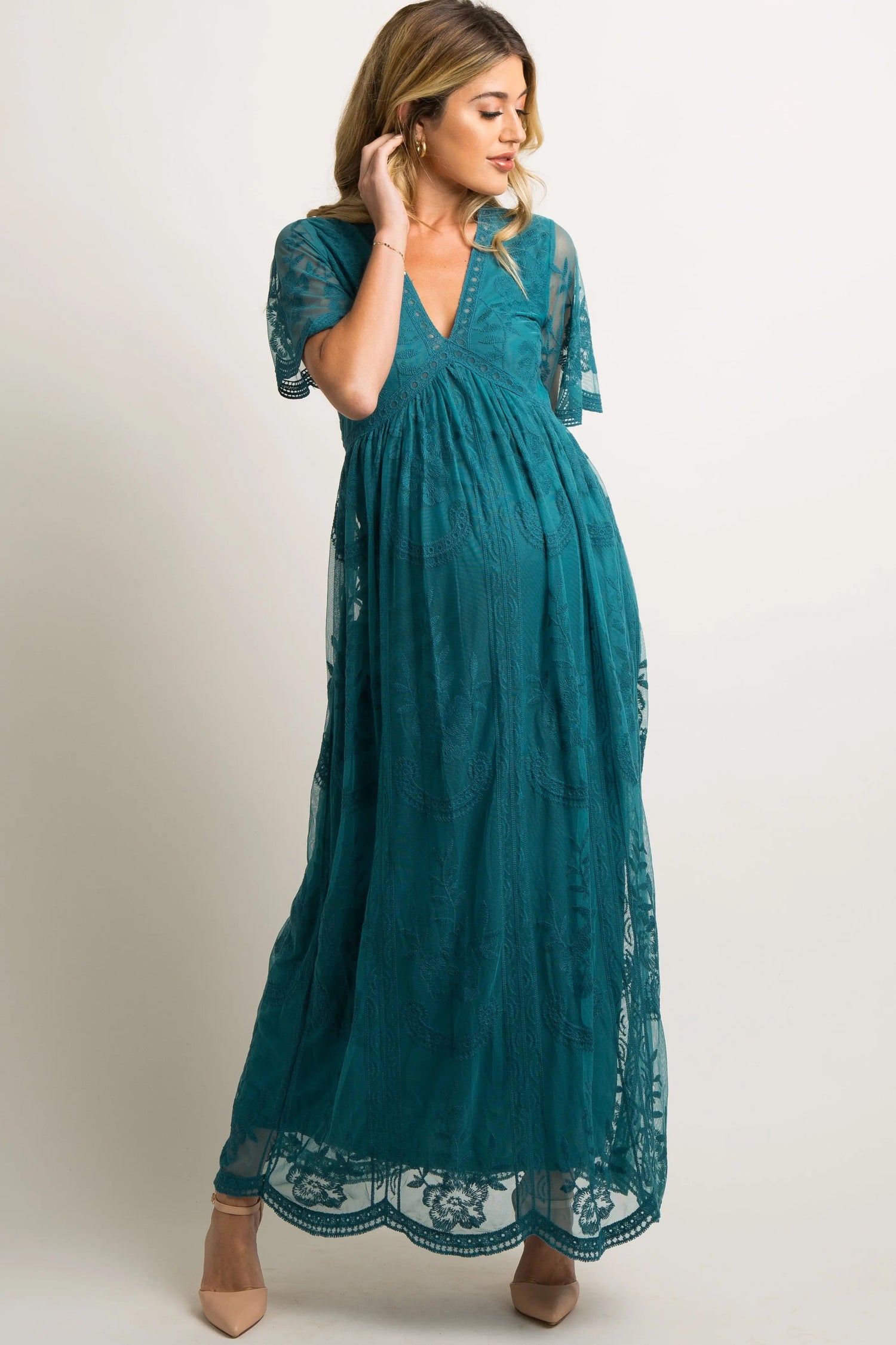 PinkBlush PinkBlush Teal Lace Mesh Overlay Maternity Maxi Dress - 