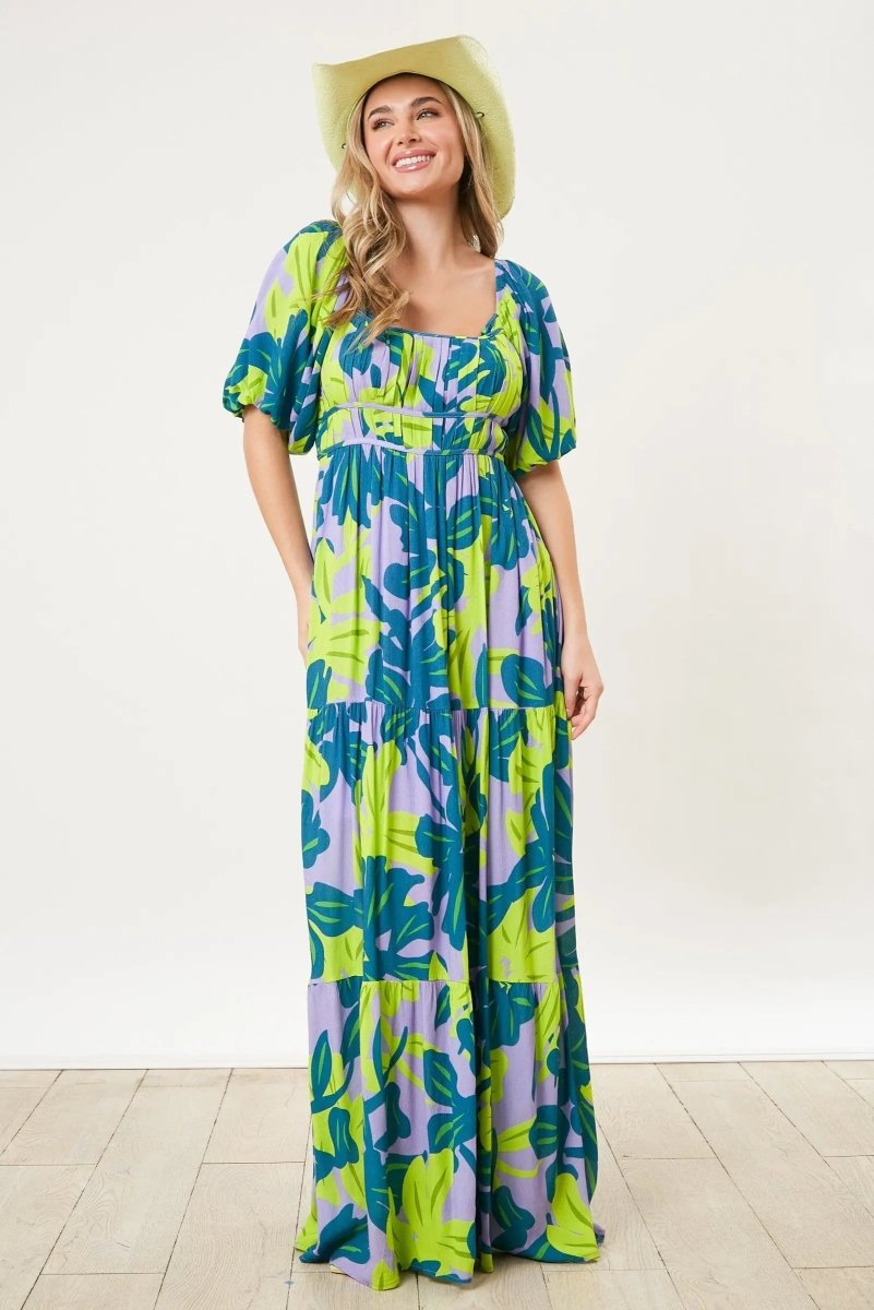 PinkBlush PinkBlush Teal Leaf Print Puff Sleeve Maxi Dress for Elegant Occasions - 