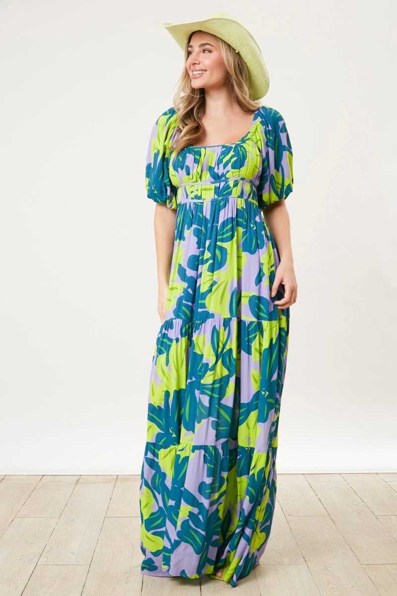 PinkBlush PinkBlush Teal Leaf Print Puff Sleeve Maxi Dress for Elegant Occasions - 