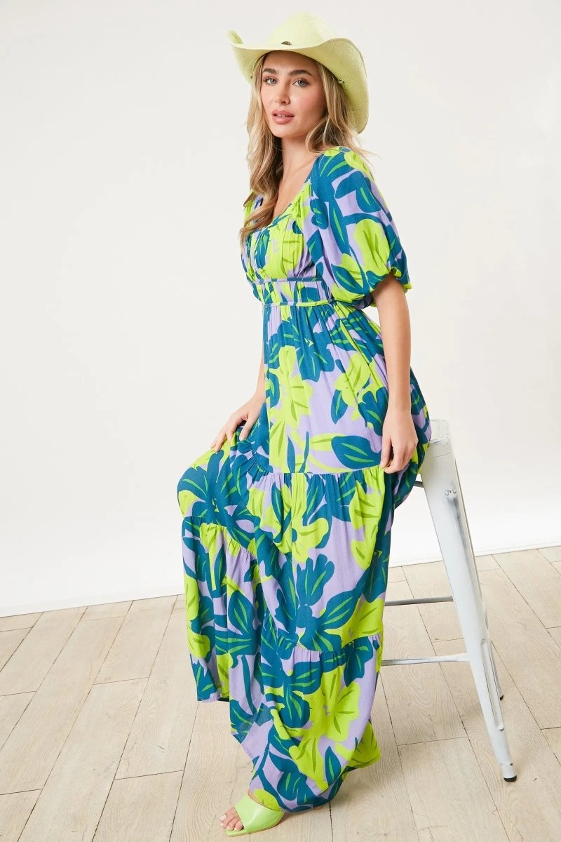 PinkBlush PinkBlush Teal Leaf Print Puff Sleeve Maxi Dress for Elegant Occasions - 