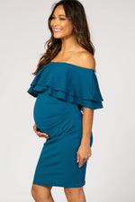 PinkBlush PinkBlush Teal Ruffle Off Shoulder Ruched Maternity Dress - 