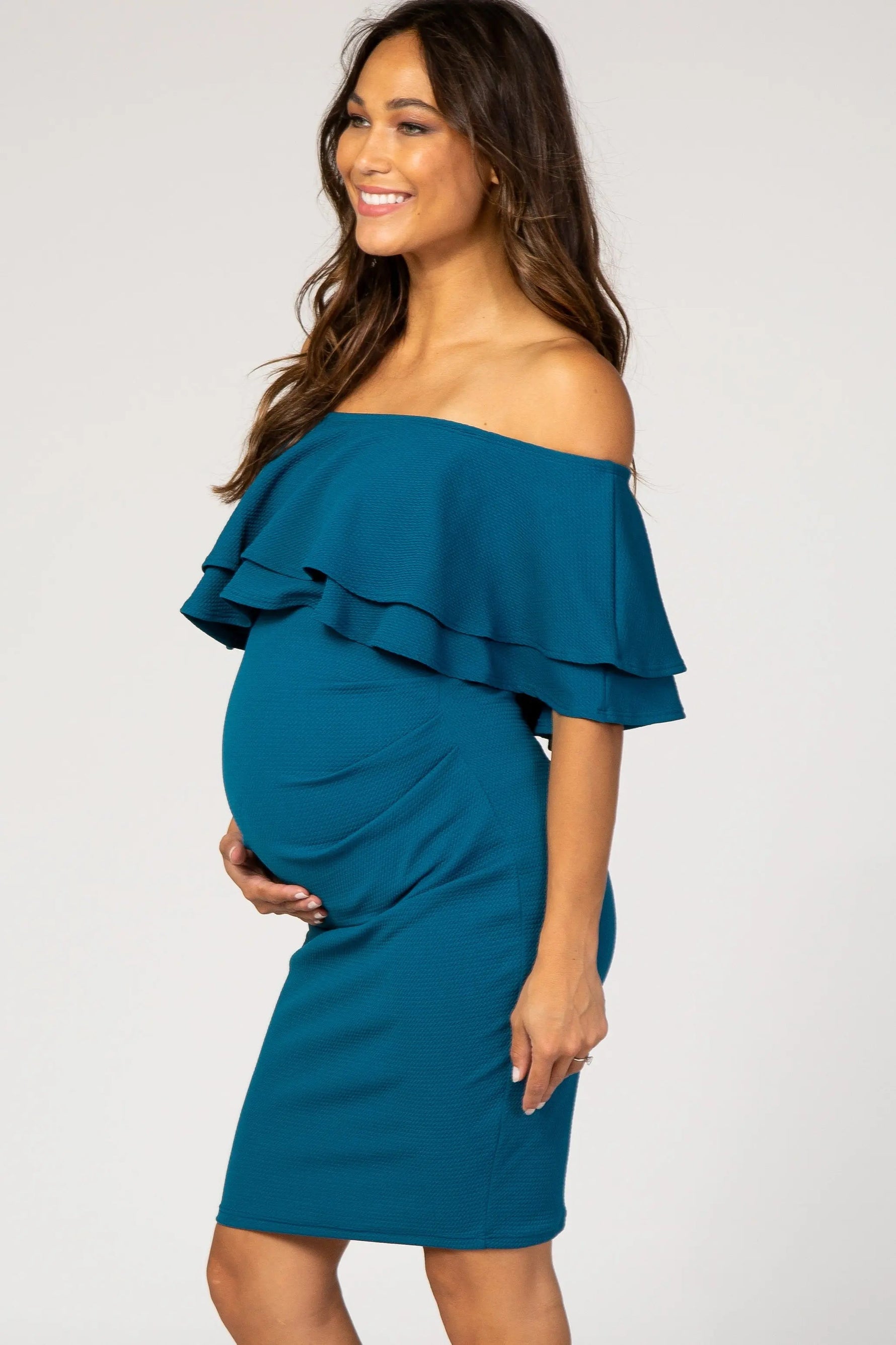 PinkBlush PinkBlush Teal Ruffle Off Shoulder Ruched Maternity Dress - 