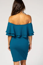 PinkBlush PinkBlush Teal Ruffle Off Shoulder Ruched Maternity Dress - 