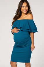 PinkBlush PinkBlush Teal Ruffle Off Shoulder Ruched Maternity Dress - 