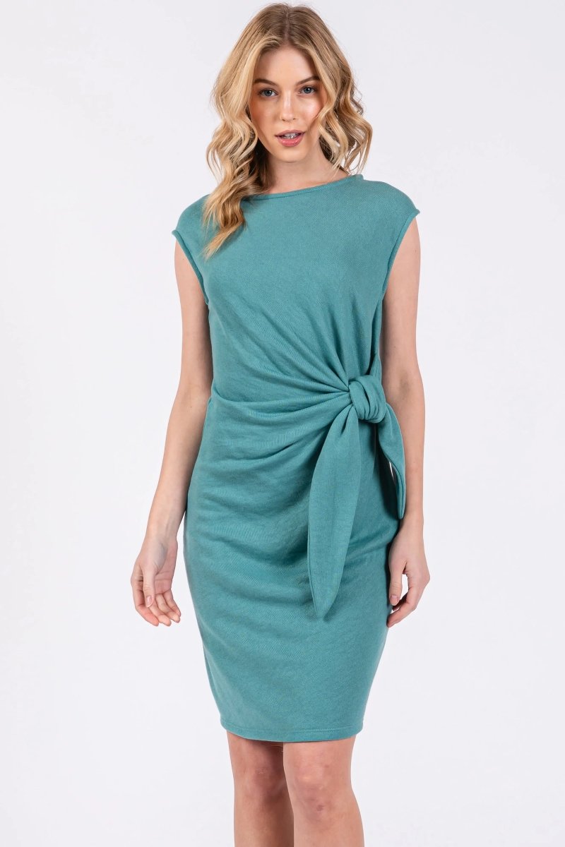PinkBlush PinkBlush Teal Terry Knit Gathered Waist Dress with Rounded Neckline for Women - 