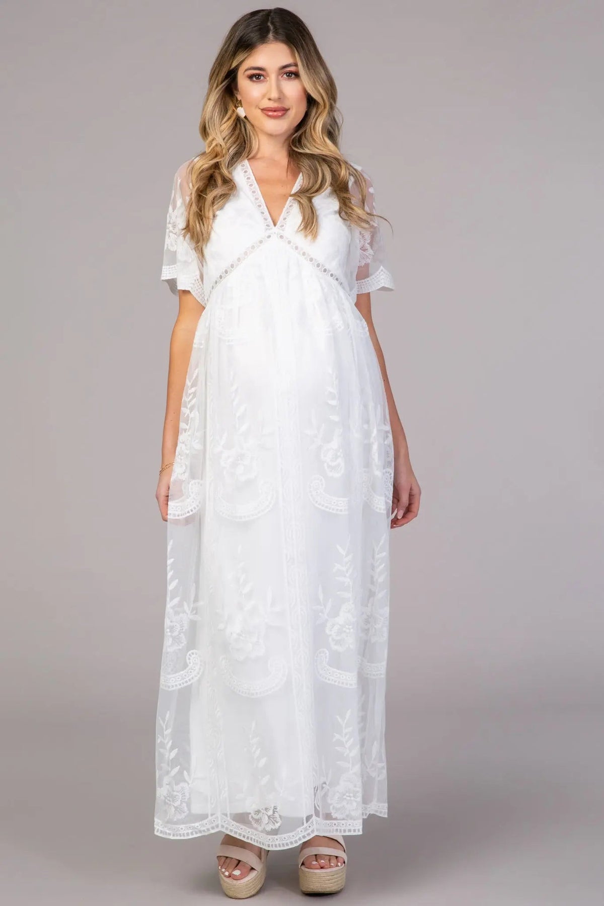 PinkBlush PinkBlush White Lace Mesh Overlay Maternity Maxi Dress - 